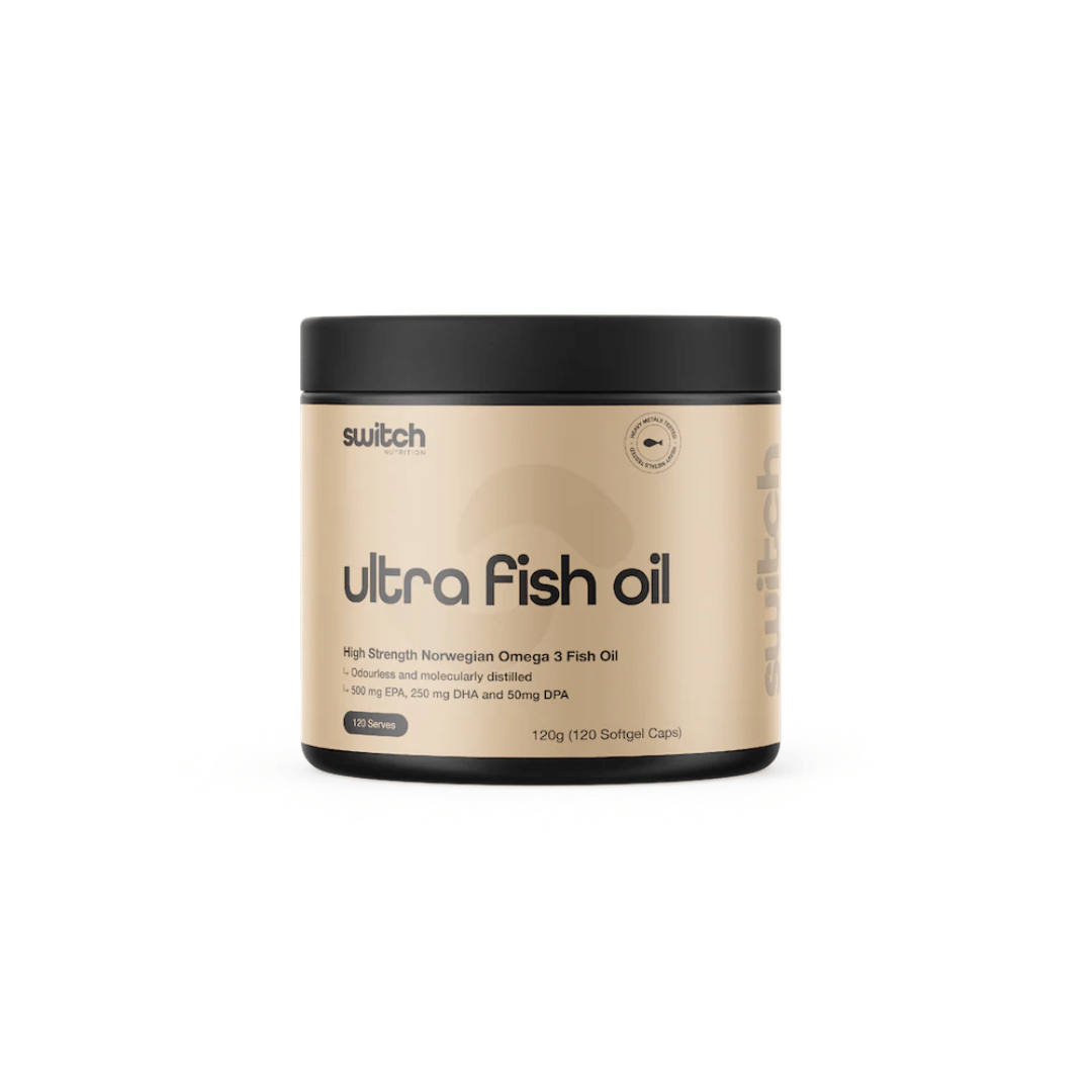 Switch Nutrition Ultra Fish Oil high-strength omega-3 softgel capsules.