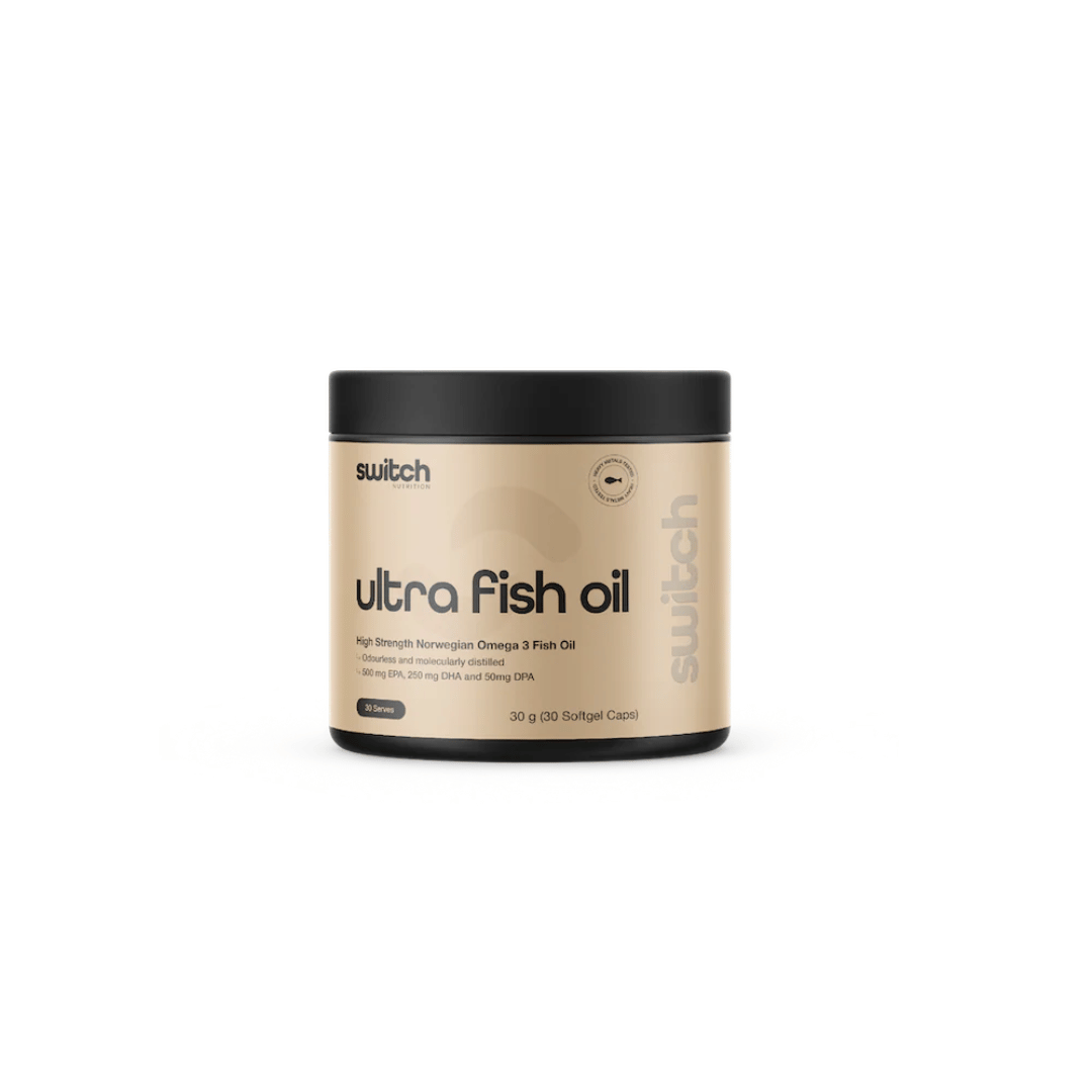 Switch Nutrition Ultra Fish Oil high-strength omega-3 softgel capsules.