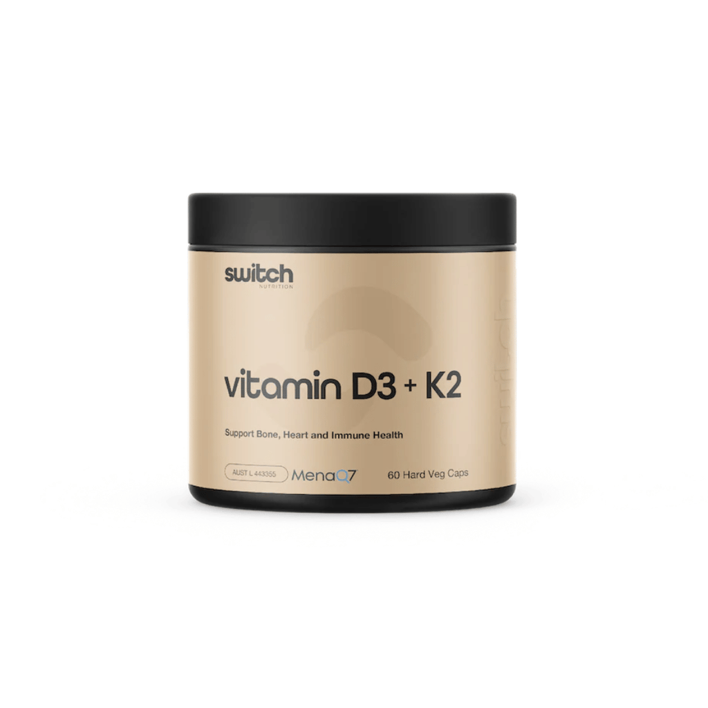 Switch Nutrition Vitamin D3 + K2 capsules providing 1,000 IU vitamin D3 and vitamin K2 per serve.