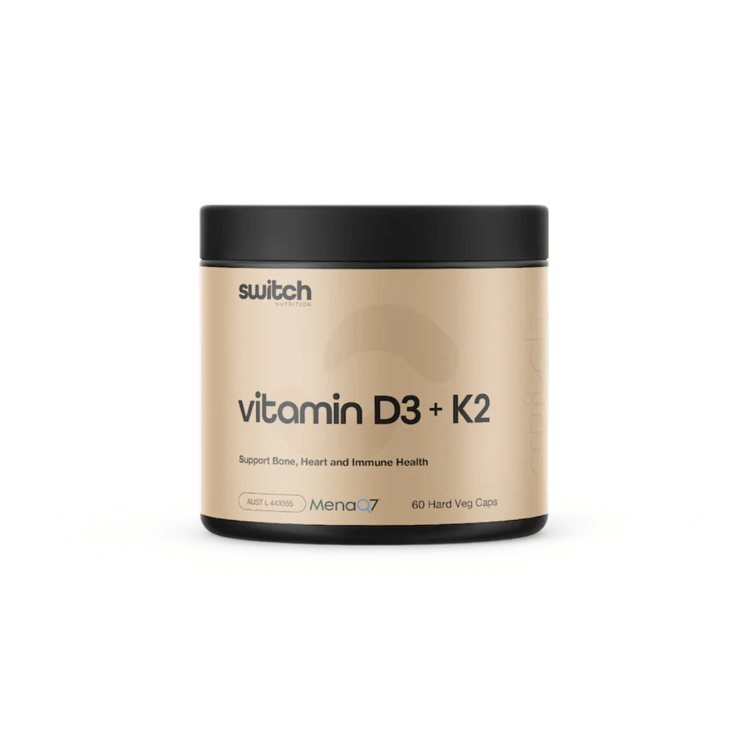 Switch Nutrition Vitamin D3 + K2 capsules providing 1,000 IU vitamin D3 and vitamin K2 per serve.