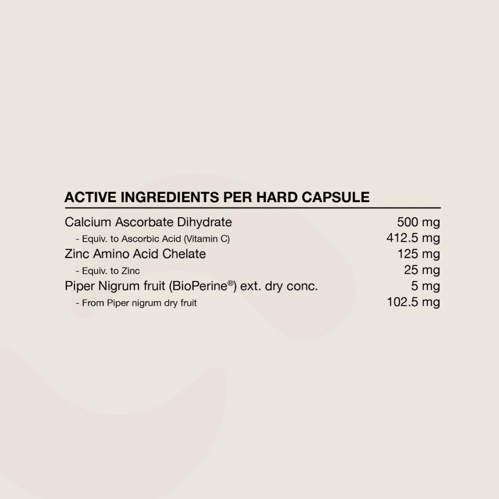 Switch Nutrition Zinc + Vitamin C TGA-listed capsules with zinc amino acid chelate and buffered vitamin C.
