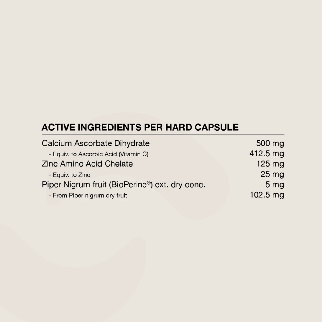 Switch Nutrition Zinc + Vitamin C TGA-listed capsules with zinc amino acid chelate and buffered vitamin C.
