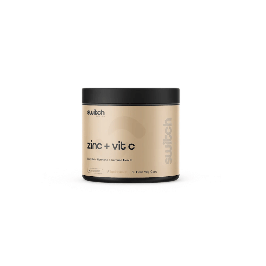 Switch Nutrition Zinc + Vitamin C TGA-listed capsules with zinc amino acid chelate and buffered vitamin C.