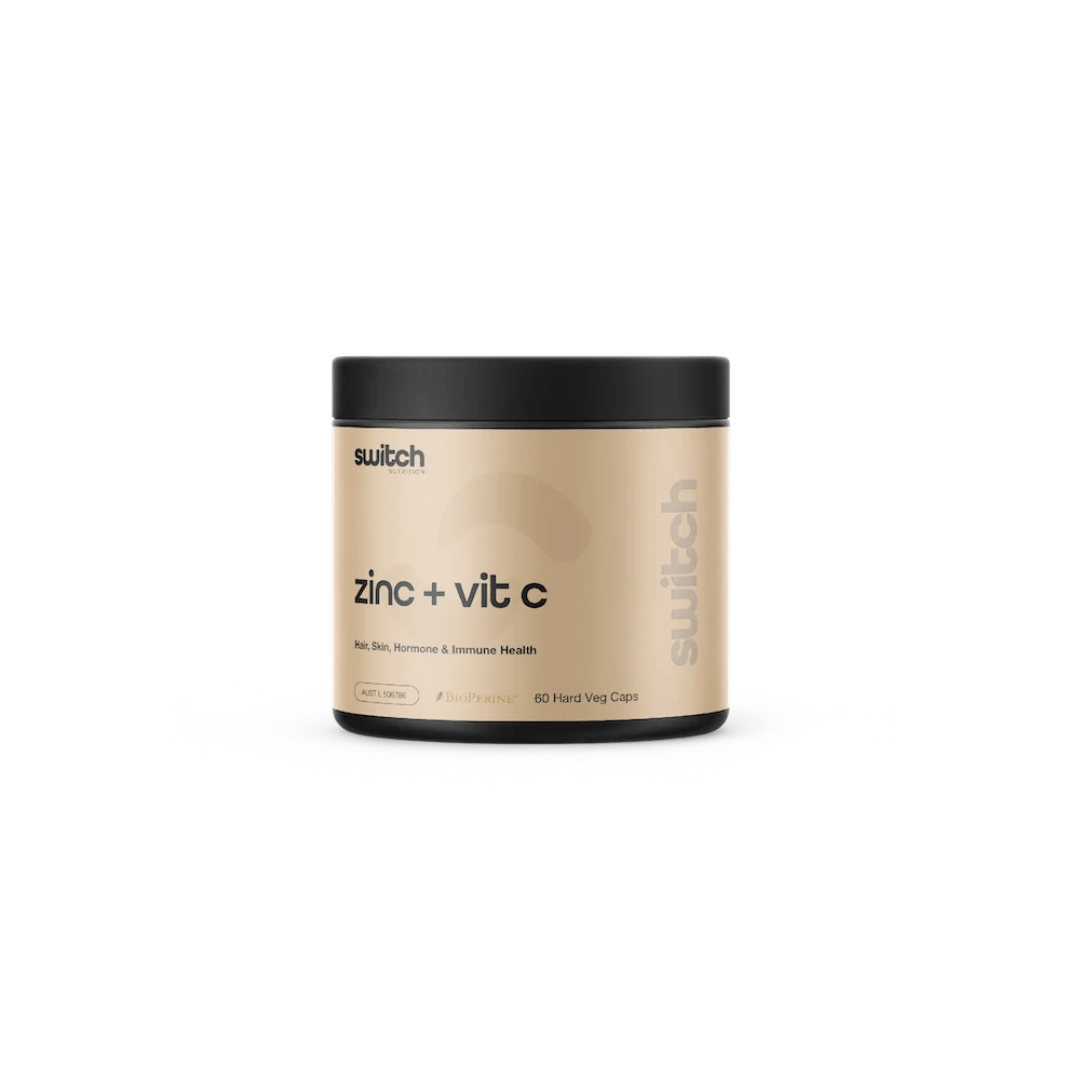 Switch Nutrition Zinc + Vitamin C TGA-listed capsules with zinc amino acid chelate and buffered vitamin C.