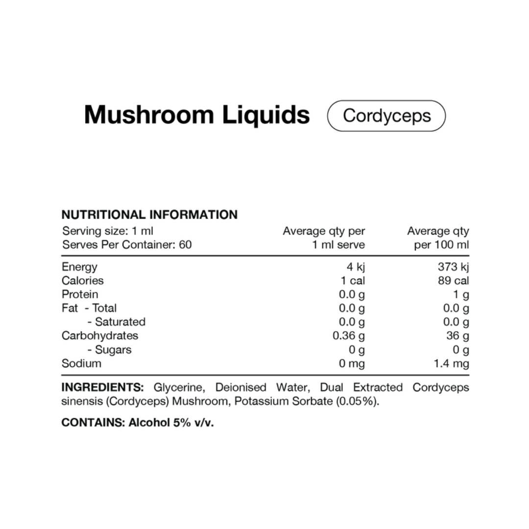 Switch Nutrition Cordyceps Mushroom Liquid Extract 2:1 dual-extracted mushroom formula in Miron glass bottle.