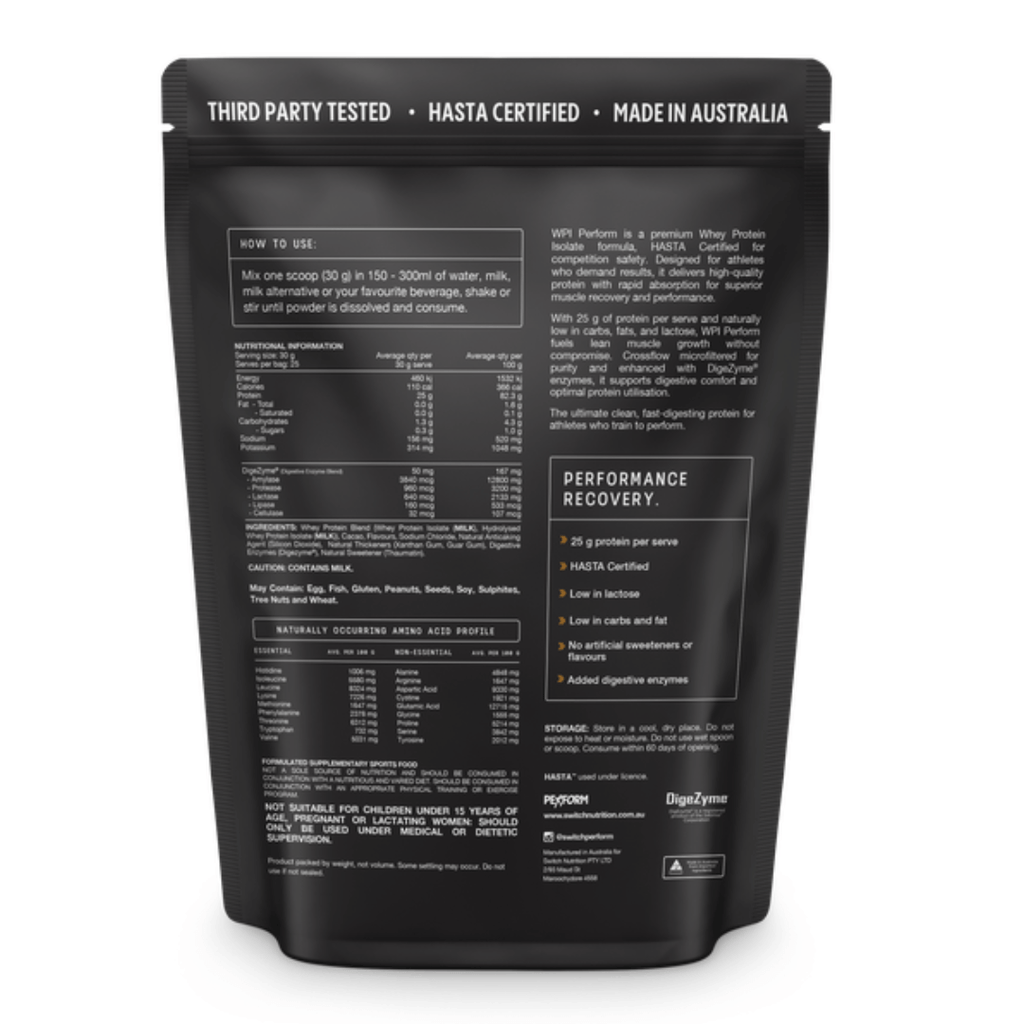 Switch Nutrition WPI Perform Whey Protein Isolate powder available in Milk Chocolate and Vanilla flavours.