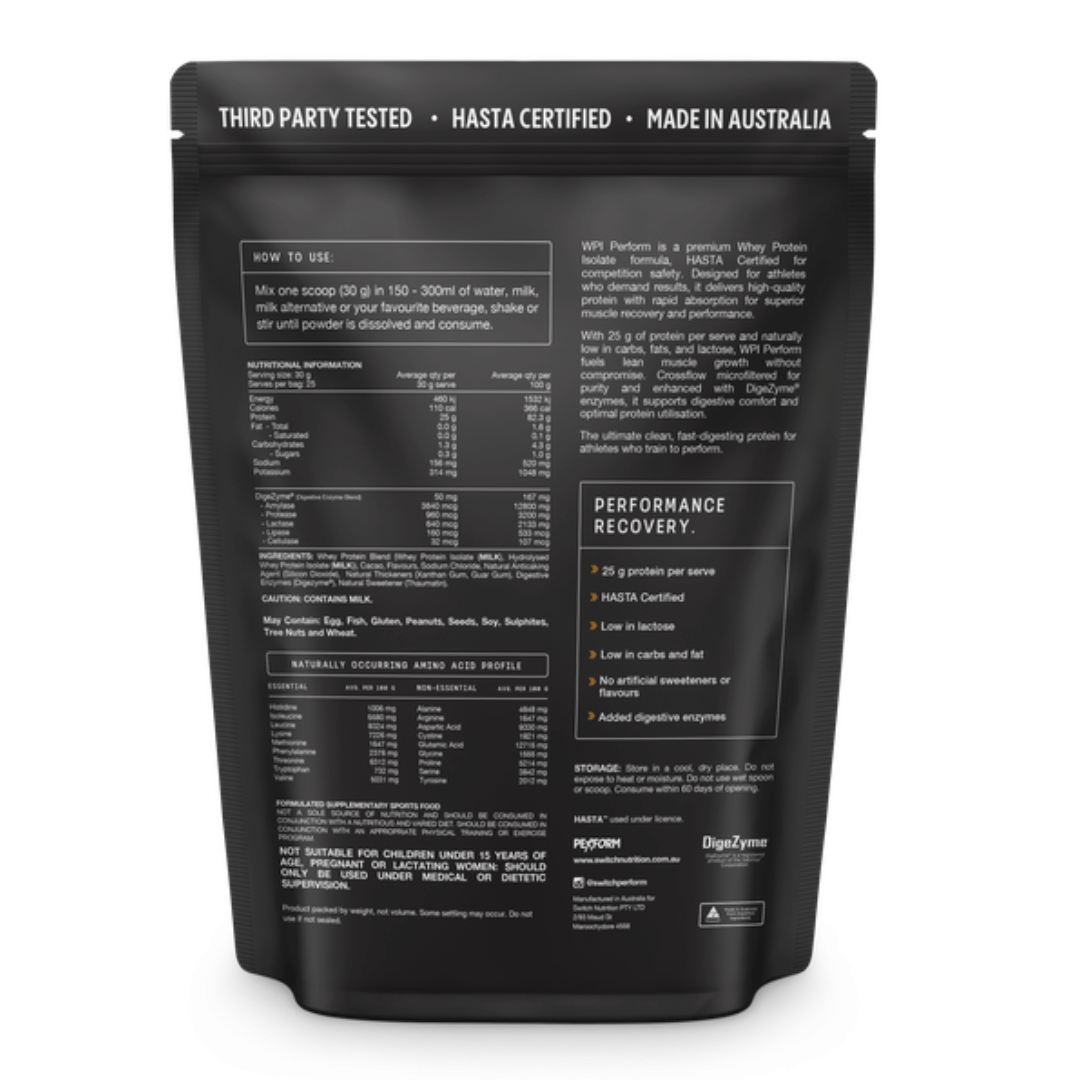 Switch Nutrition WPI Perform Whey Protein Isolate powder available in Milk Chocolate and Vanilla flavours.