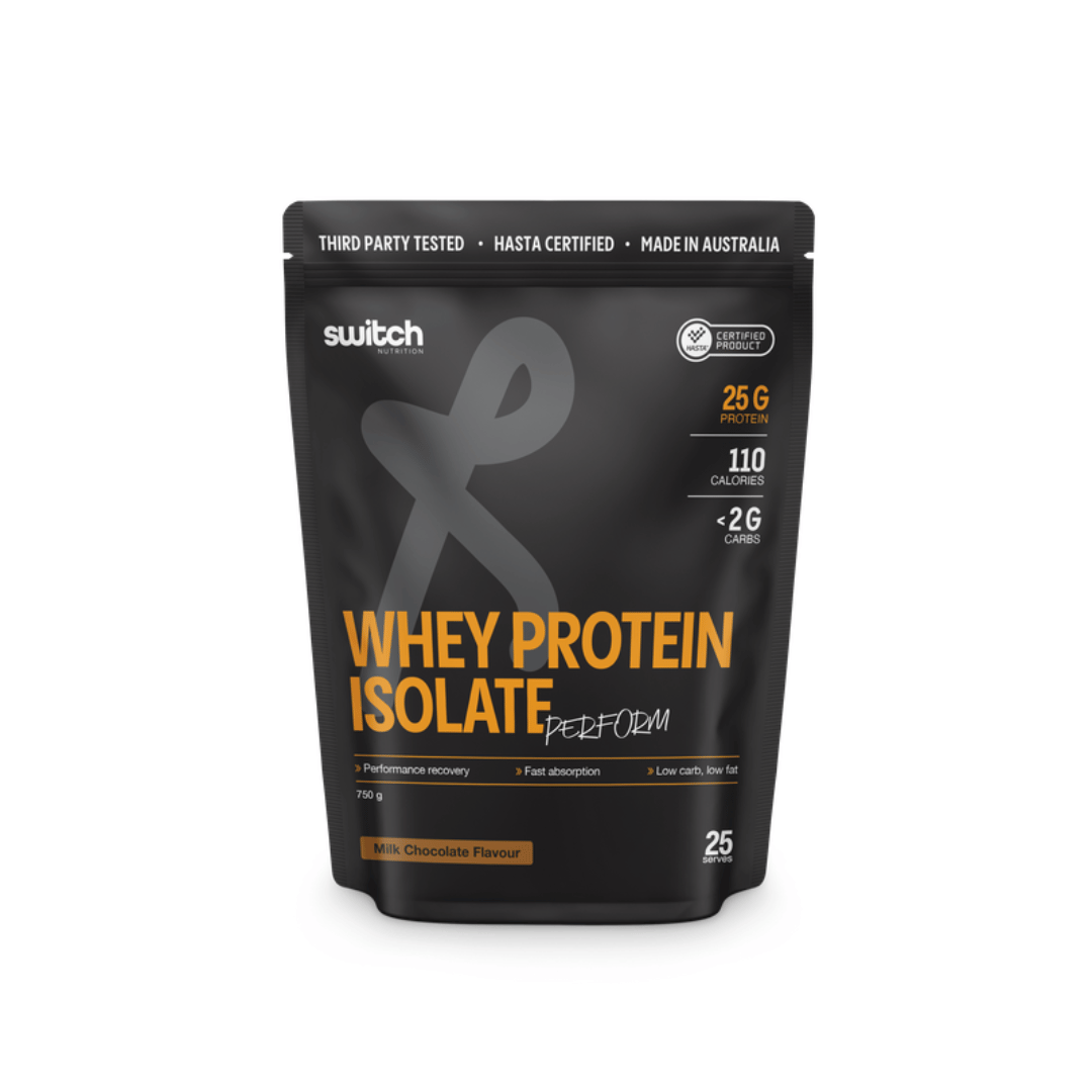 Switch Nutrition WPI Perform Whey Protein Isolate powder available in Milk Chocolate and Vanilla flavours.