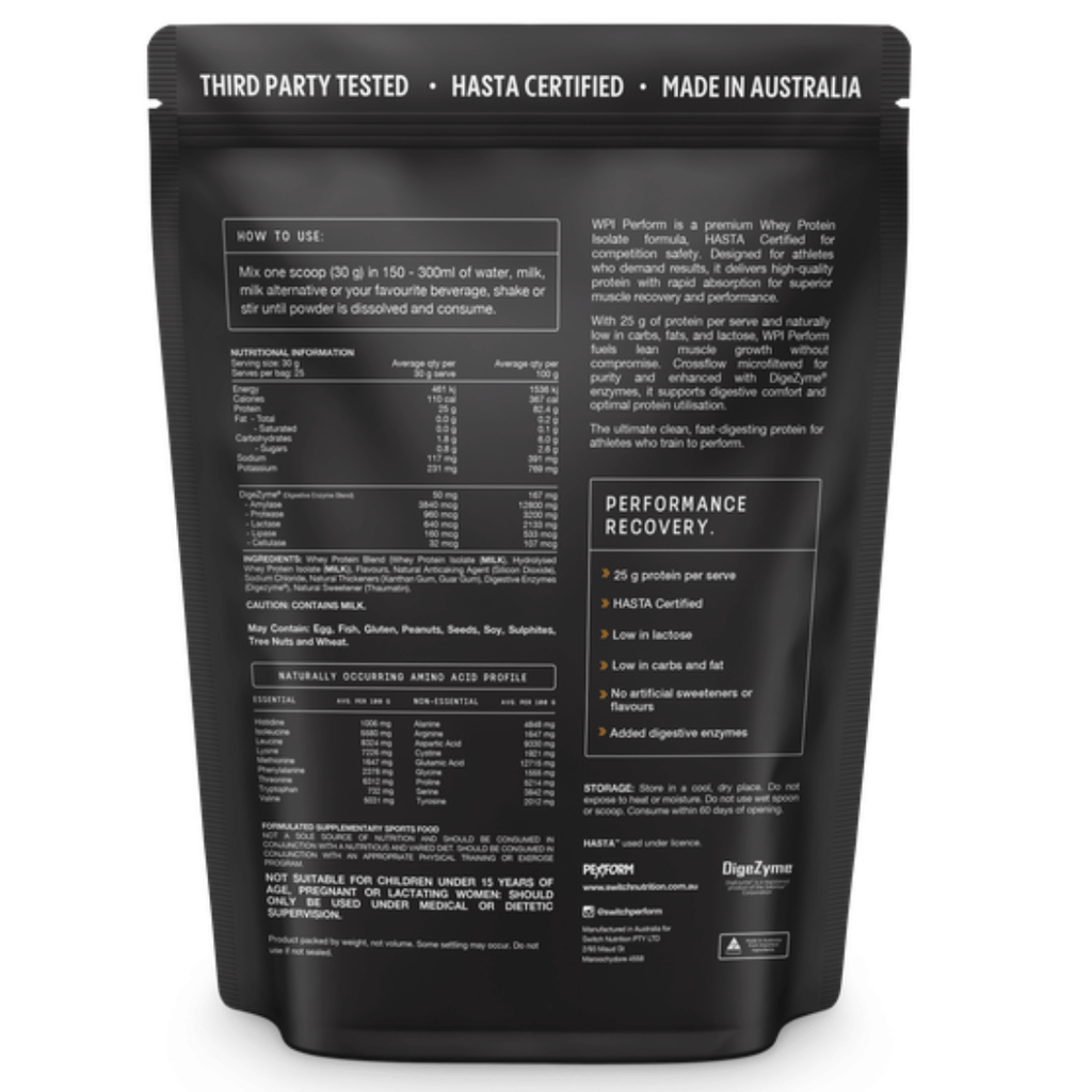 Switch Nutrition WPI Perform Whey Protein Isolate powder available in Milk Chocolate and Vanilla flavours.
