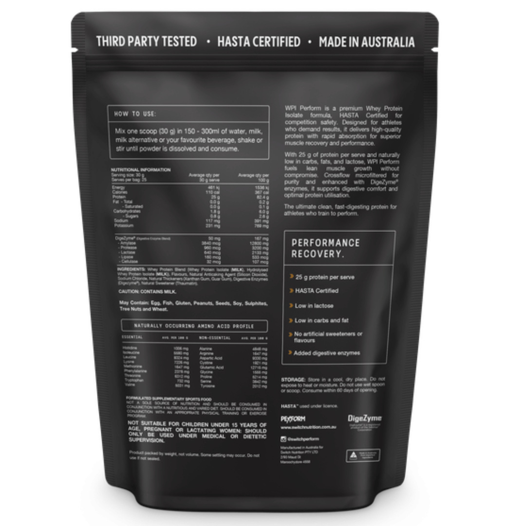 Switch Nutrition WPI Perform Whey Protein Isolate powder available in Milk Chocolate and Vanilla flavours.