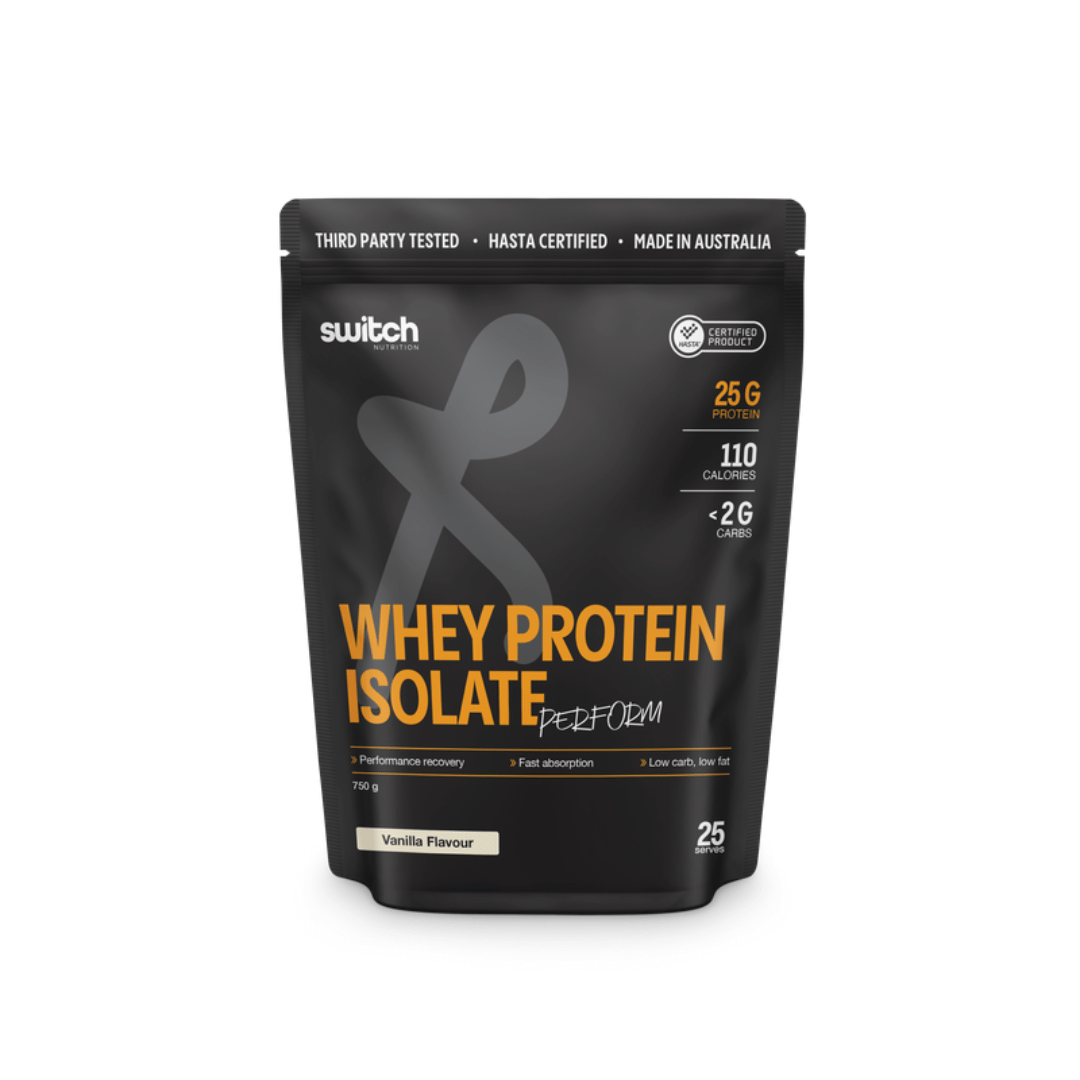 Switch Nutrition WPI Perform Whey Protein Isolate powder available in Milk Chocolate and Vanilla flavours.