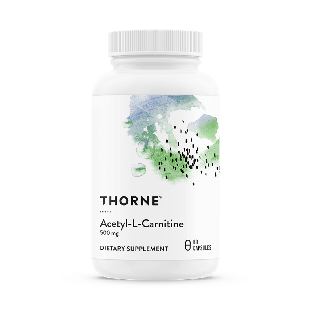 Thorne Acetyl L-Carnitine by Thorne, acetyl L-carnitine capsules in premium supplement bottle with front label packaging.