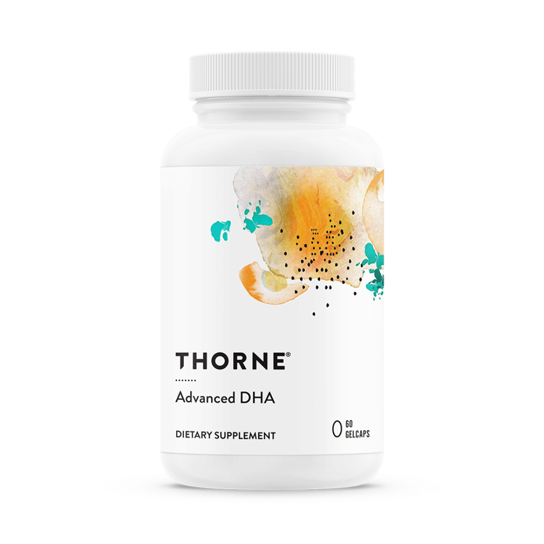 Thorne Advanced DHA by Thorne, omega-3 DHA softgels in premium supplement bottle with front label packaging.