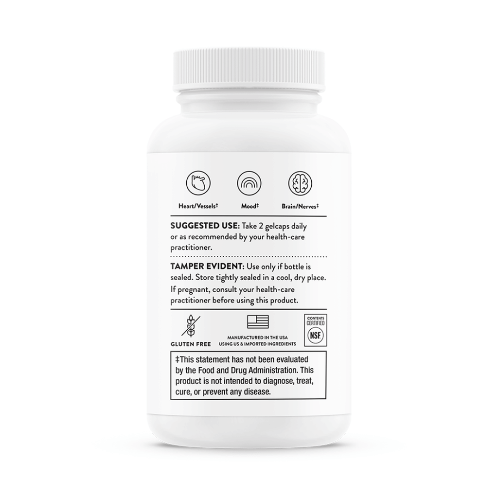 Thorne Advanced DHA by Thorne, omega-3 DHA softgels in premium supplement bottle with front label packaging.