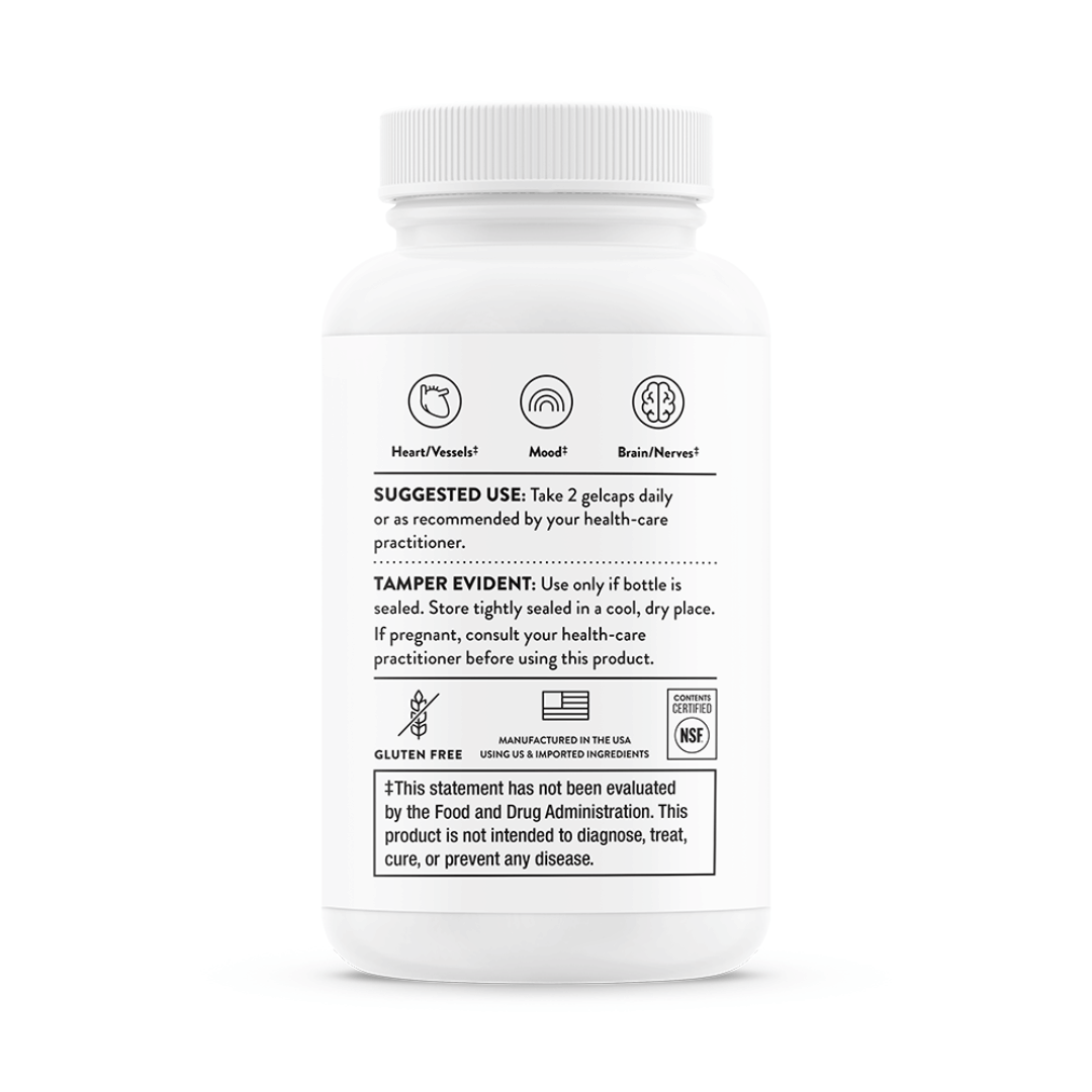 Thorne Advanced DHA by Thorne, omega-3 DHA softgels in premium supplement bottle with front label packaging.