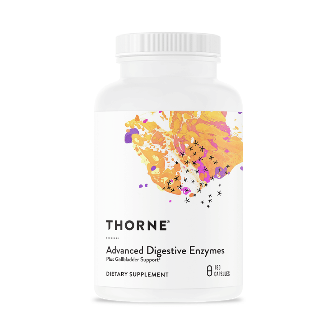 Thorne Advanced Digestive Enzymes by Thorne, digestive enzyme capsules in premium supplement bottle with front label packaging.