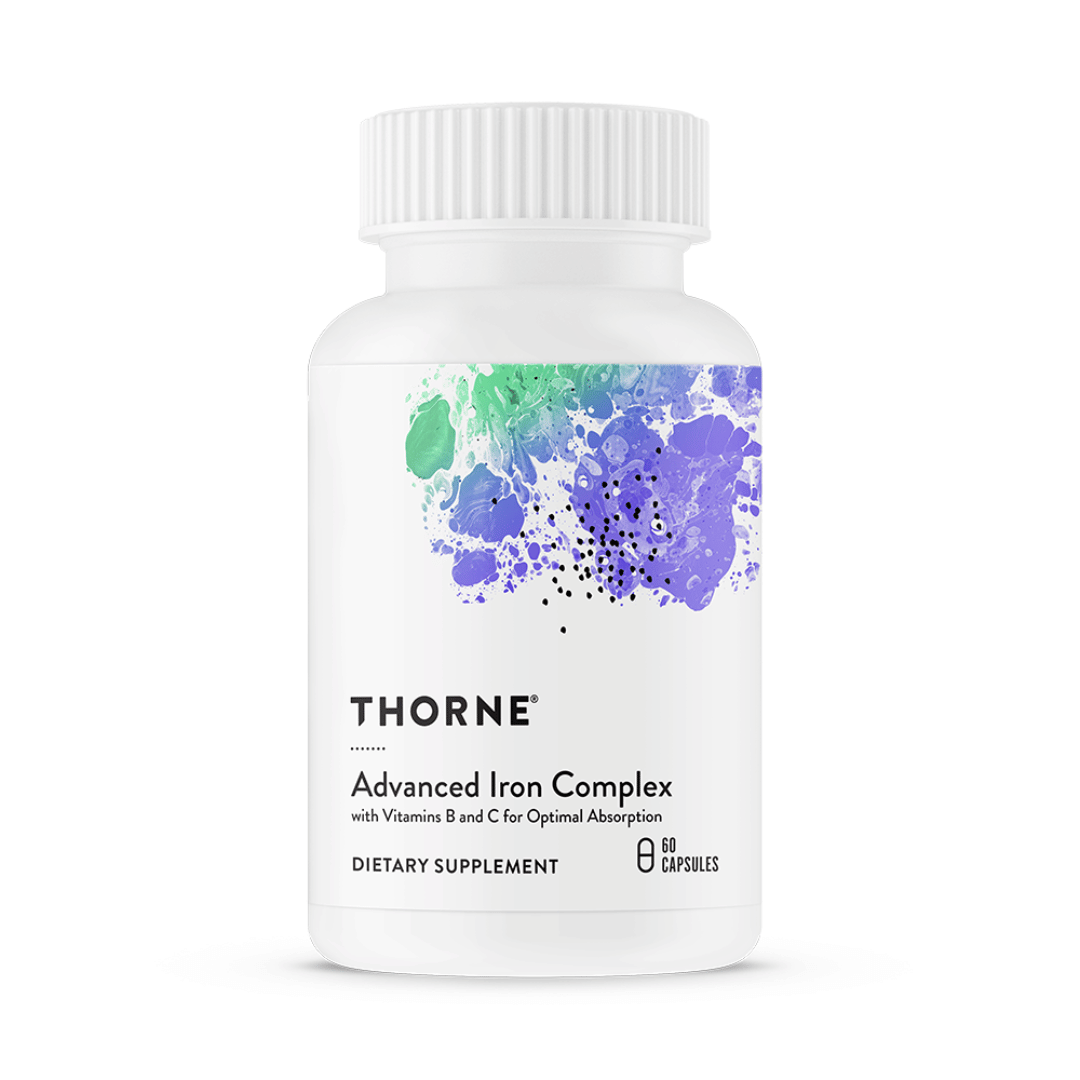 Thorne Advanced Iron Complex (formerly Ferrasorb) by Thorne, iron supplement capsules in premium bottle with front label packaging.