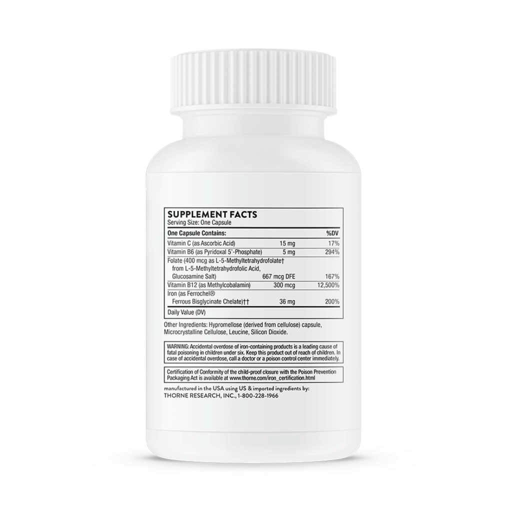 Thorne Advanced Iron Complex (formerly Ferrasorb) by Thorne, iron supplement capsules in premium bottle with front label packaging.