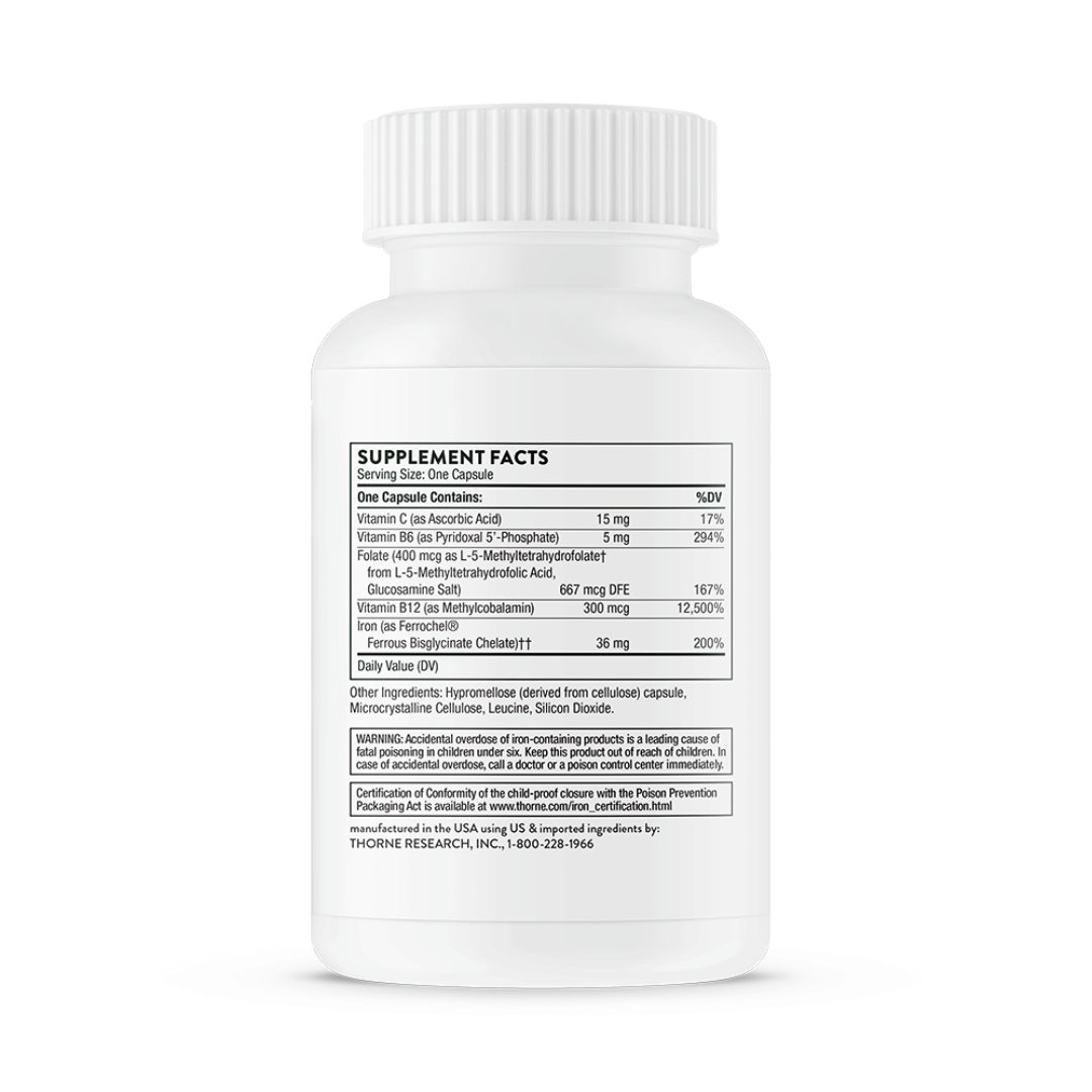 Thorne Advanced Iron Complex (formerly Ferrasorb) by Thorne, iron supplement capsules in premium bottle with front label packaging.