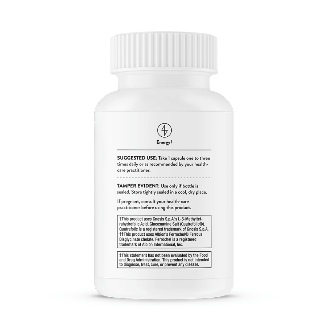 Thorne Advanced Iron Complex (formerly Ferrasorb) by Thorne, iron supplement capsules in premium bottle with front label packaging.