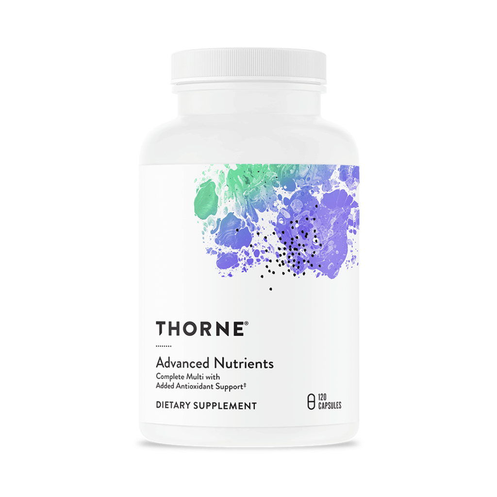 Thorne Advanced Nutrients by Thorne, multivitamin and mineral capsules in premium supplement bottle with front label packaging.