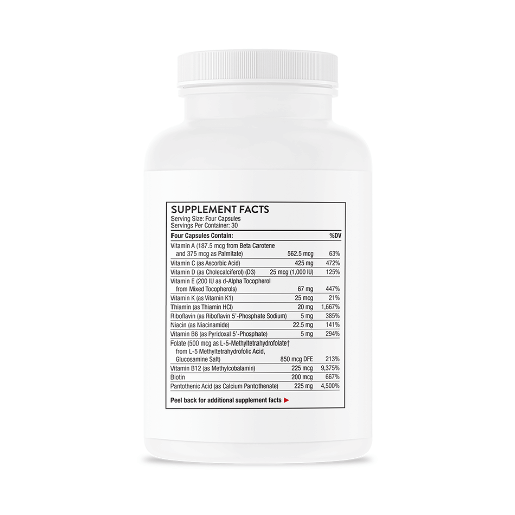 Thorne Advanced Nutrients by Thorne, multivitamin and mineral capsules in premium supplement bottle with front label packaging.