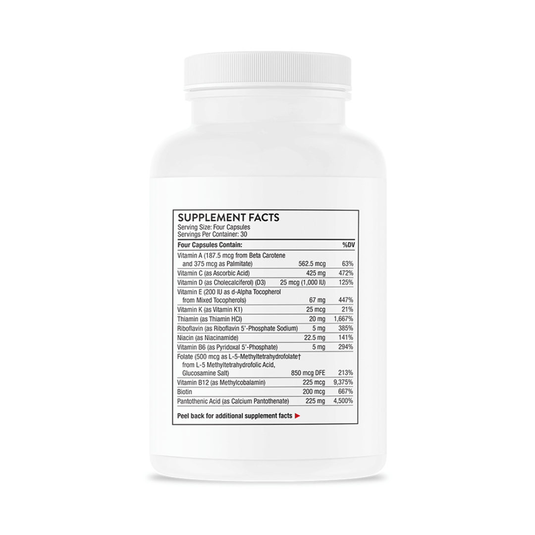 Thorne Advanced Nutrients by Thorne, multivitamin and mineral capsules in premium supplement bottle with front label packaging.