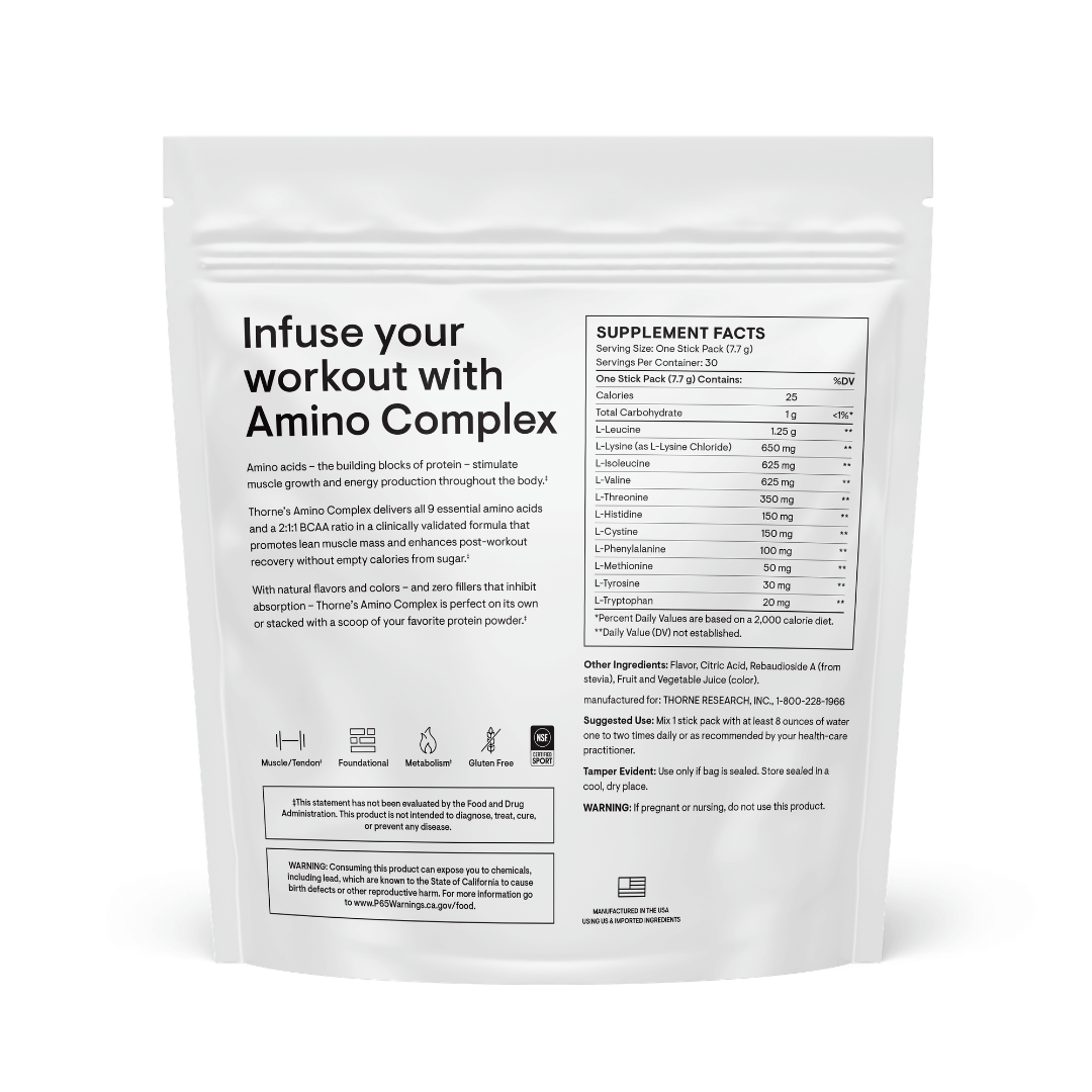 Thorne Amino Complex by Thorne, amino acid capsules in premium supplement bottle with front label packaging