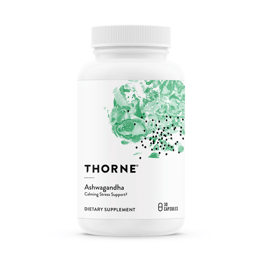 Thorne Ashwagandha by Thorne, ashwagandha capsules in premium supplement bottle with front label packaging.