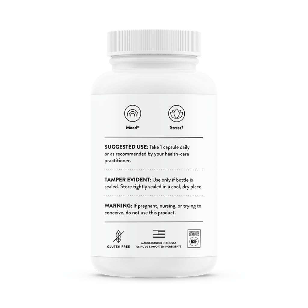 Thorne Ashwagandha by Thorne, ashwagandha capsules in premium supplement bottle with front label packaging.