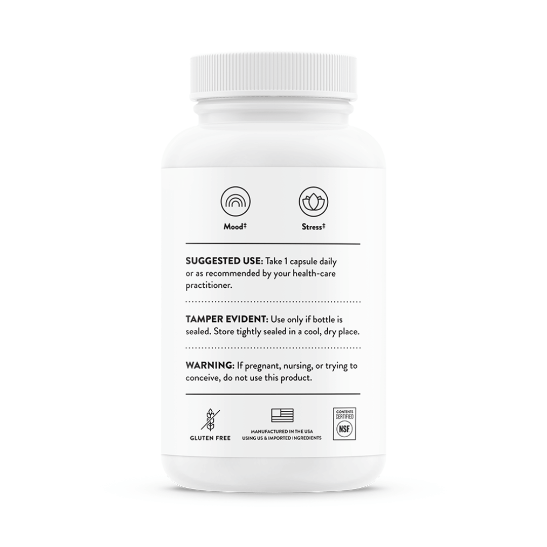 Thorne Ashwagandha by Thorne, ashwagandha capsules in premium supplement bottle with front label packaging.
