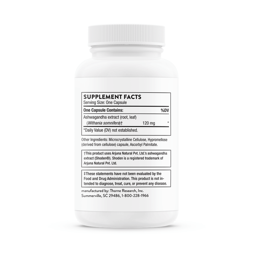 Thorne Ashwagandha by Thorne, ashwagandha capsules in premium supplement bottle with front label packaging.