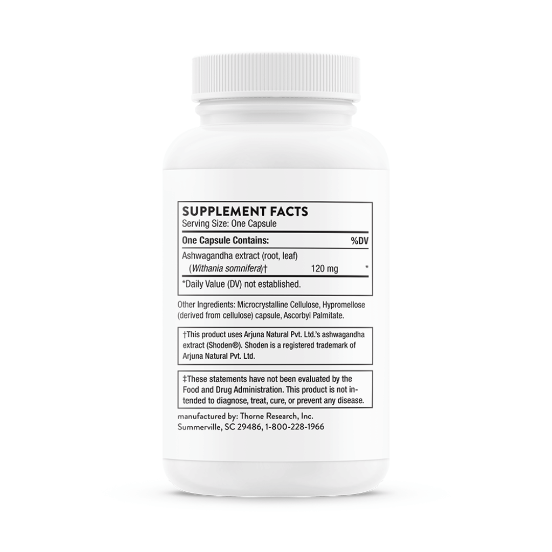 Thorne Ashwagandha by Thorne, ashwagandha capsules in premium supplement bottle with front label packaging.