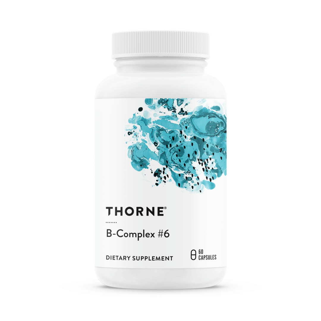 Thorne B-Complex #6 by Thorne, vitamin B complex capsules in supplement bottle with front label packaging.