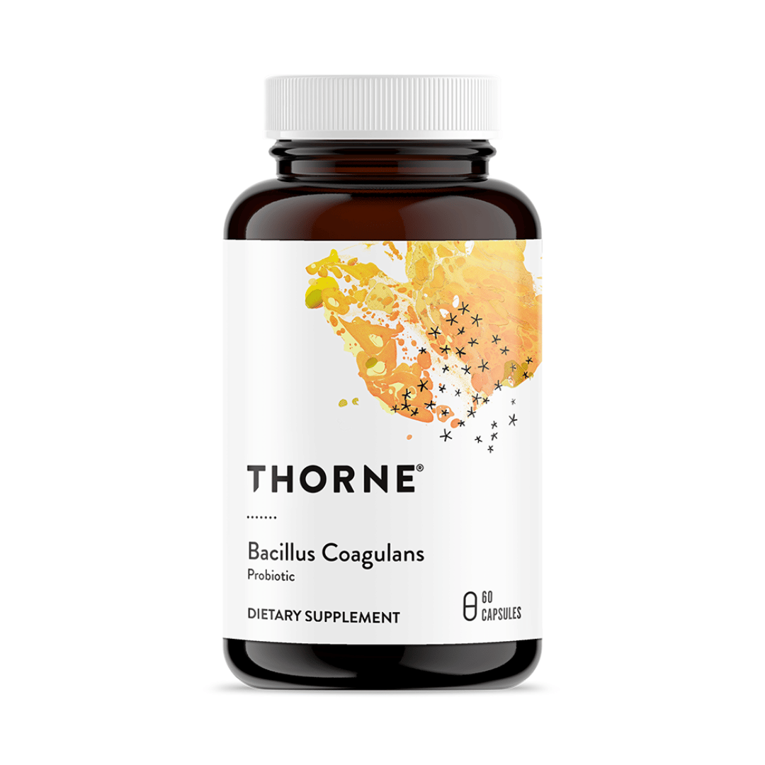 Thorne Bacillus Coagulans by Thorne, probiotic capsules supplement bottle with front label packaging.