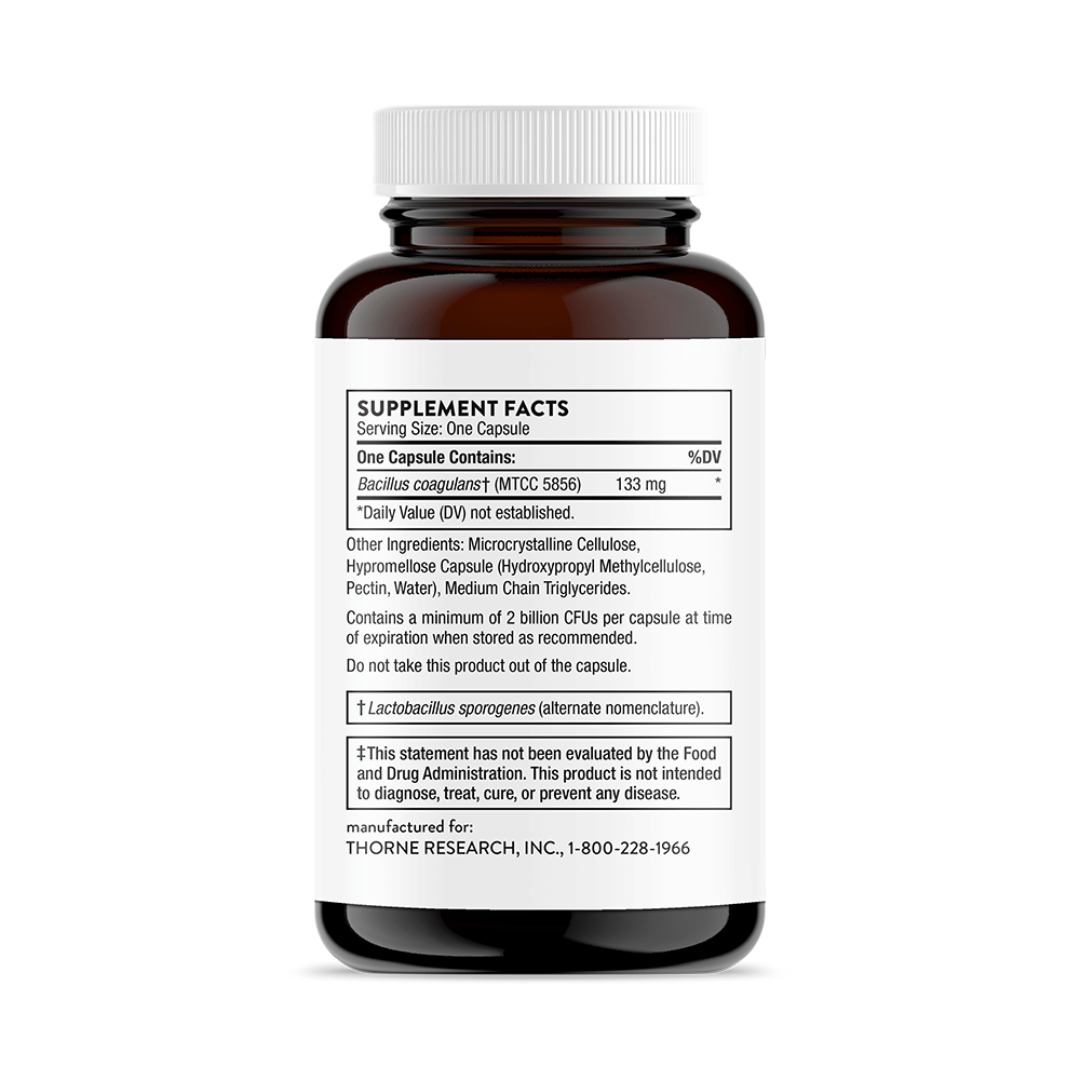 Thorne Bacillus Coagulans by Thorne, probiotic capsules supplement bottle with front label packaging.