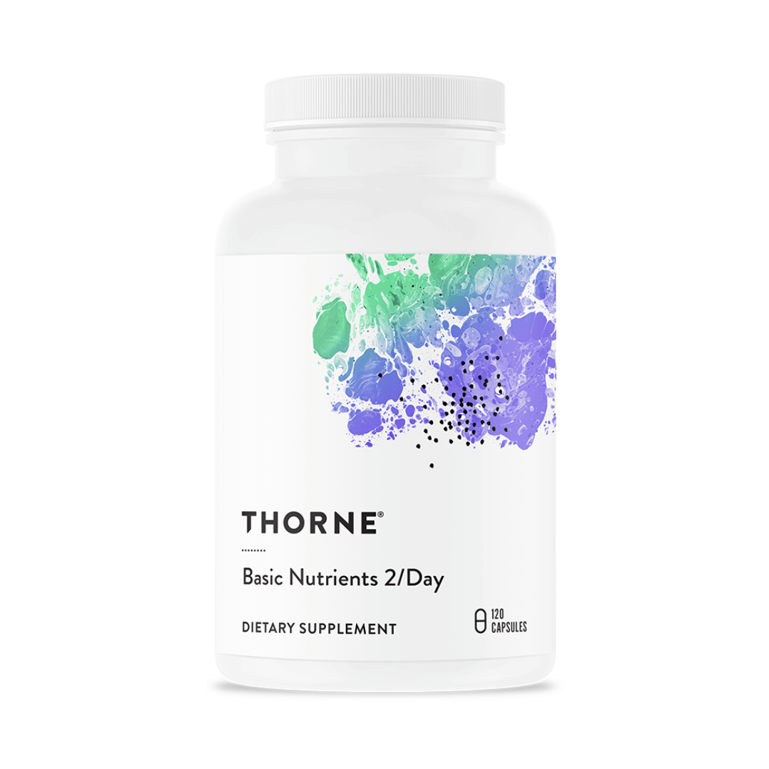 Thorne Basic Nutrients 2/Day by Thorne, multivitamin capsules in premium supplement bottle with front label packaging.