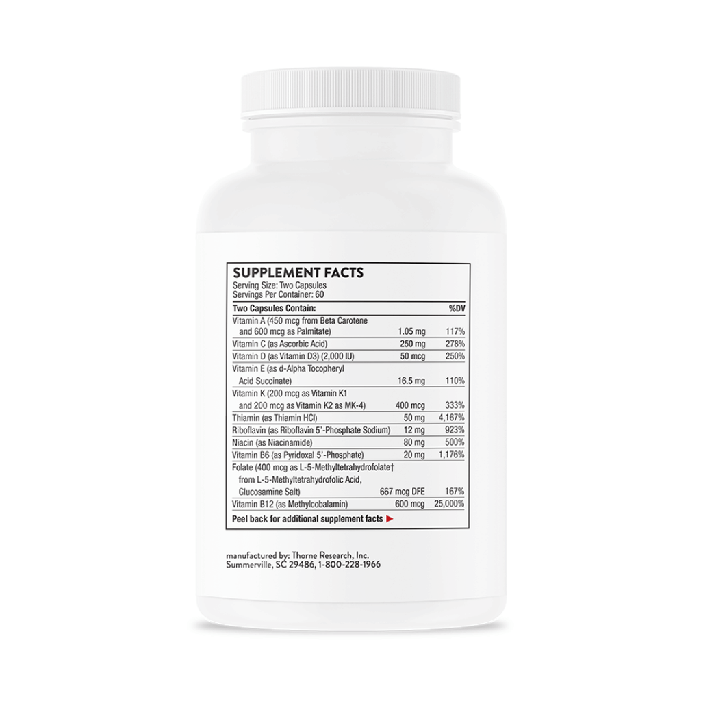 Thorne Basic Nutrients 2/Day by Thorne, multivitamin capsules in premium supplement bottle with front label packaging.