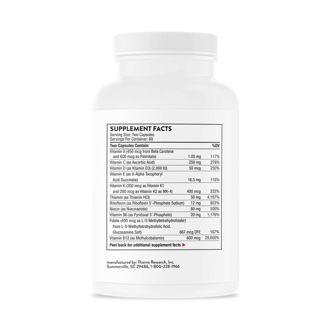 Thorne Basic Nutrients 2/Day by Thorne, multivitamin capsules in premium supplement bottle with front label packaging.