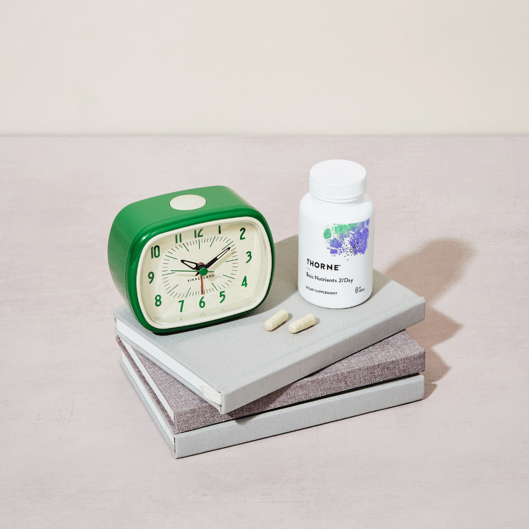 Thorne Basic Nutrients 2/Day by Thorne, multivitamin capsules in premium supplement bottle with front label packaging.