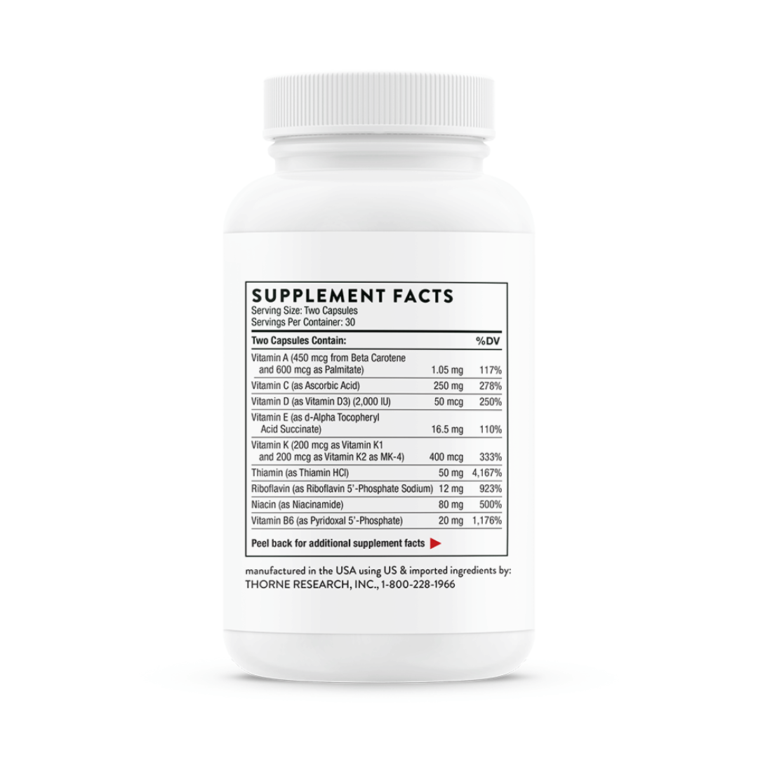 Thorne Basic Nutrients 2/Day by Thorne, multivitamin capsules in premium supplement bottle with front label packaging.