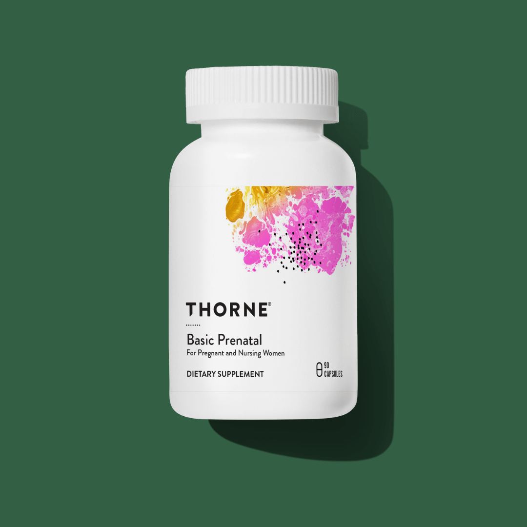Thorne Basic Prenatal by Thorne, prenatal multivitamin capsules in premium supplement bottle with front label packaging.