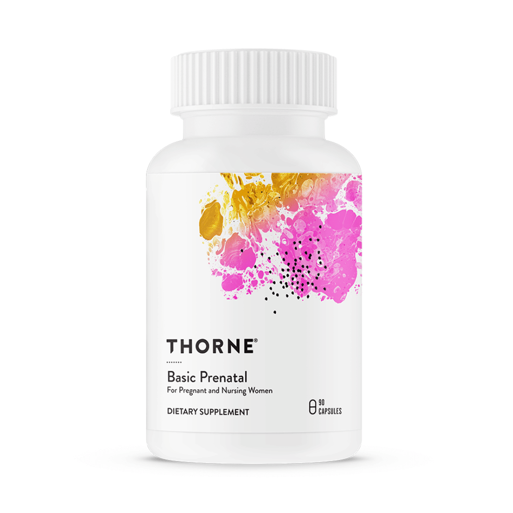 Thorne Basic Prenatal by Thorne, prenatal multivitamin capsules in premium supplement bottle with front label packaging.