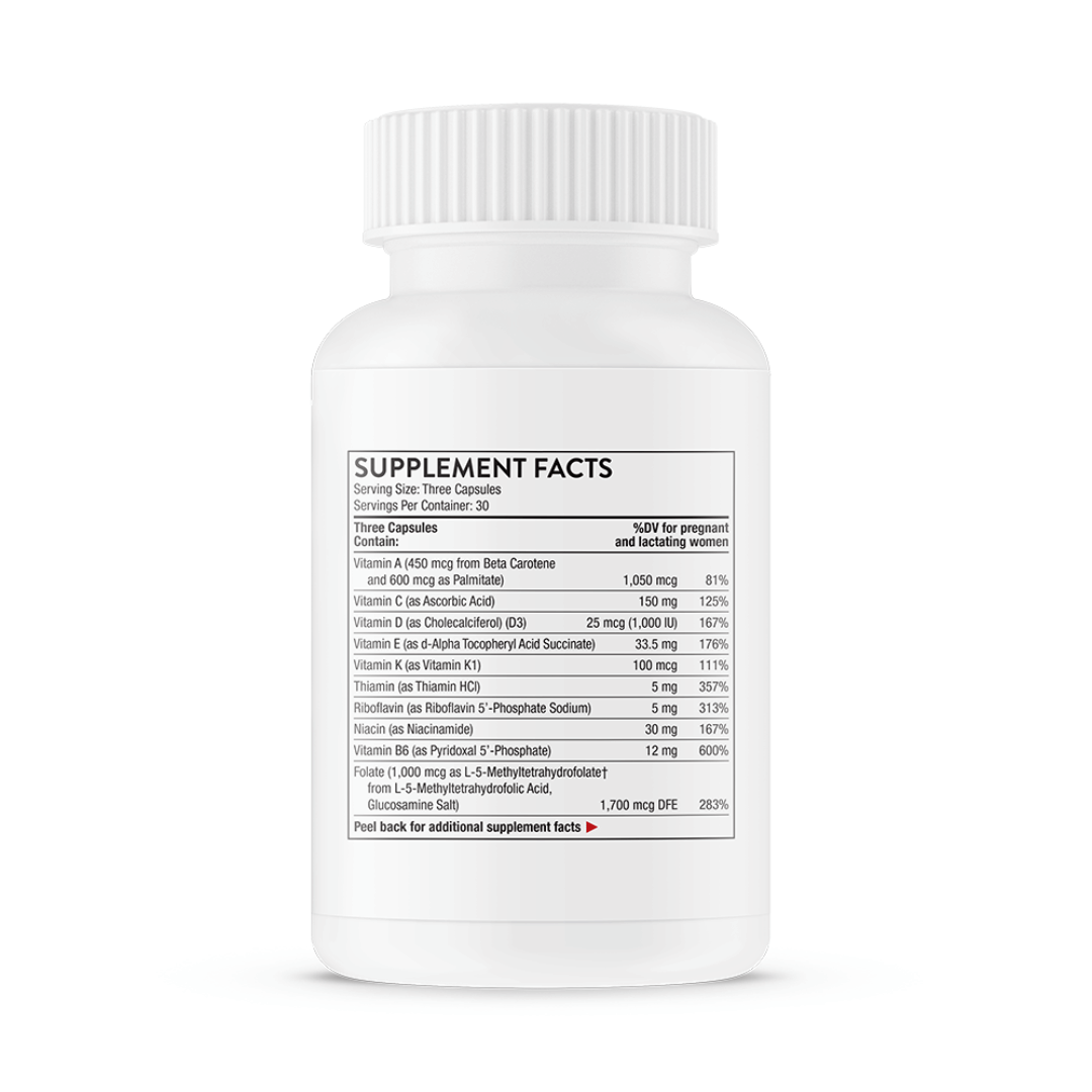 Thorne Basic Prenatal by Thorne, prenatal multivitamin capsules in premium supplement bottle with front label packaging.