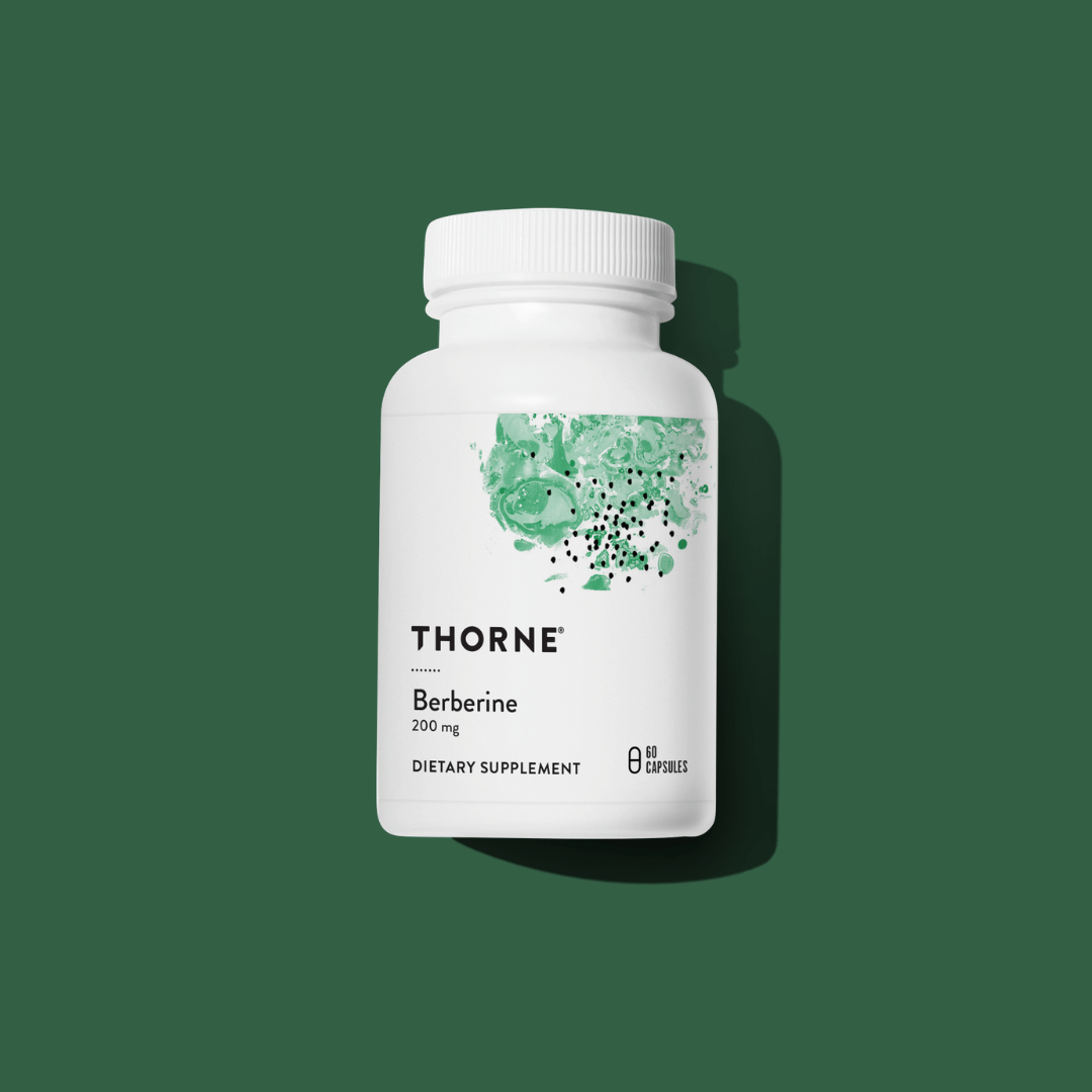 Thorne Berberine 200mg by Thorne, berberine capsules in premium supplement bottle with front label packaging.