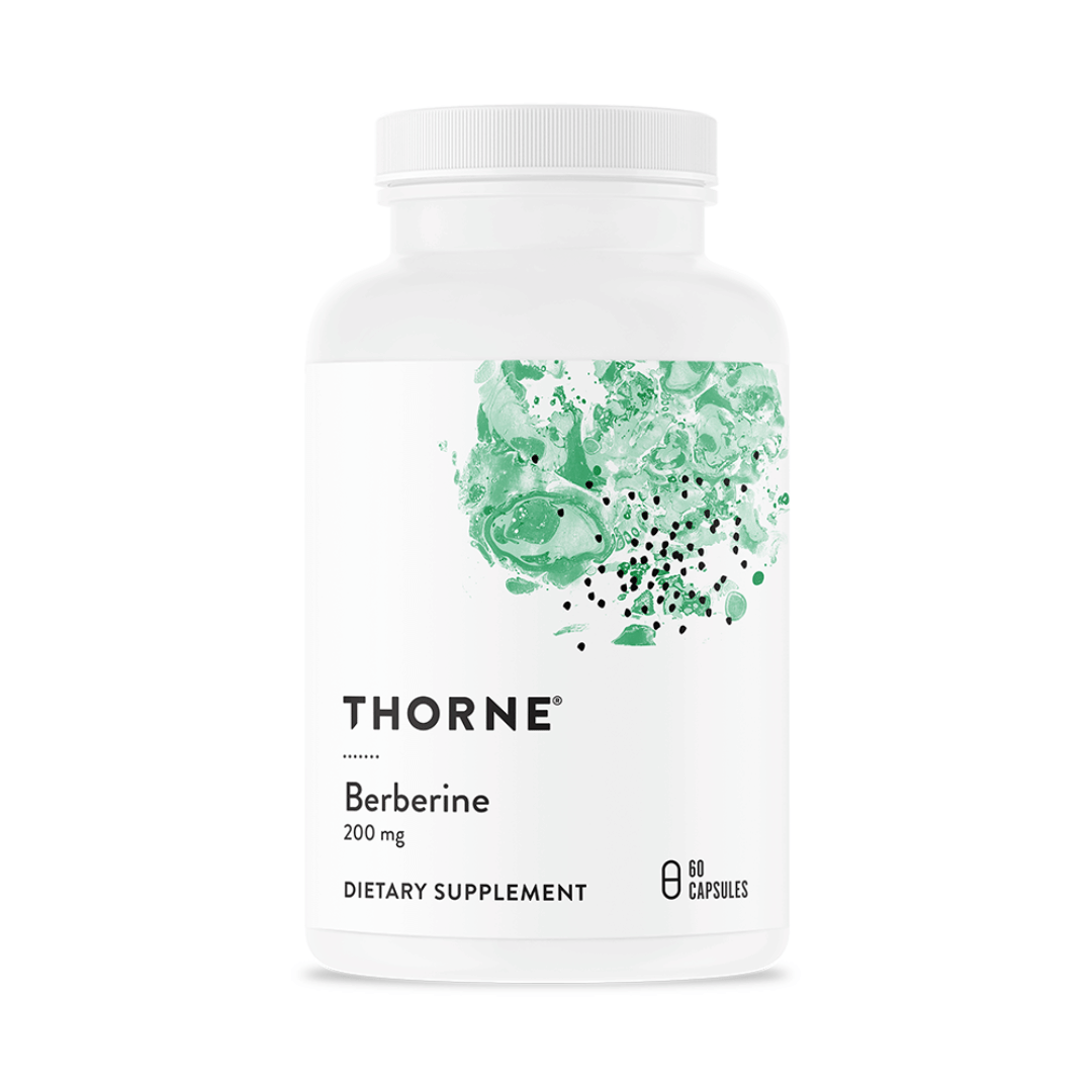 Thorne Berberine 200mg by Thorne, berberine capsules in premium supplement bottle with front label packaging.
