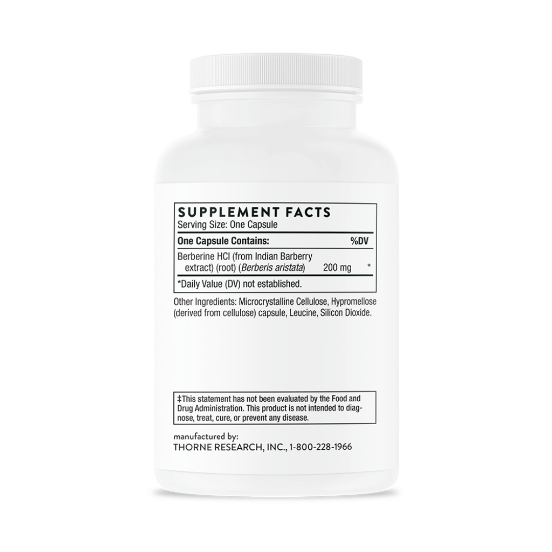 Thorne Berberine 200mg by Thorne, berberine capsules in premium supplement bottle with front label packaging.