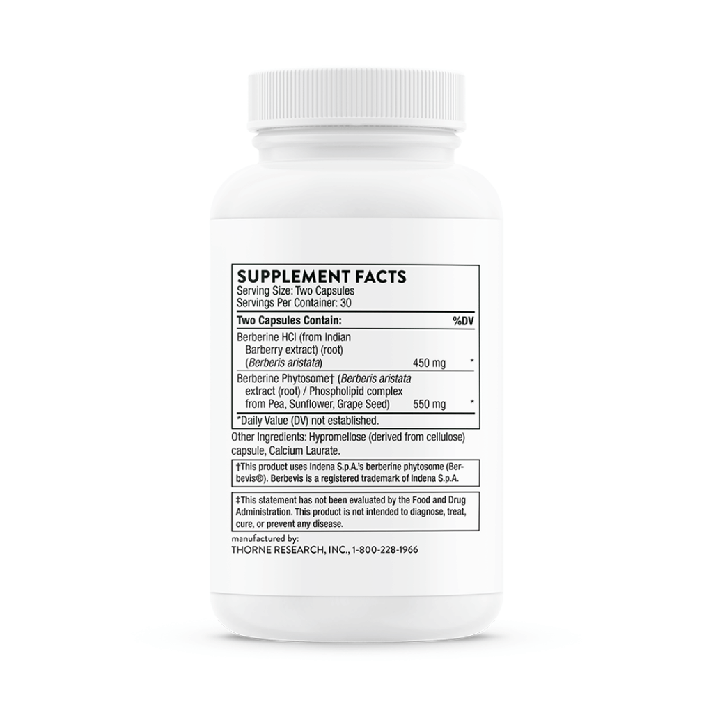 Thorne Berberine (Dual Action) by Thorne, berberine capsules in premium supplement bottle with front label packaging.