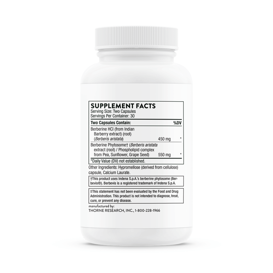 Thorne Berberine (Dual Action) by Thorne, berberine capsules in premium supplement bottle with front label packaging.