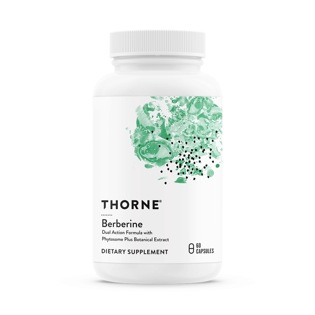 Thorne Berberine (Dual Action) by Thorne, berberine capsules in premium supplement bottle with front label packaging.